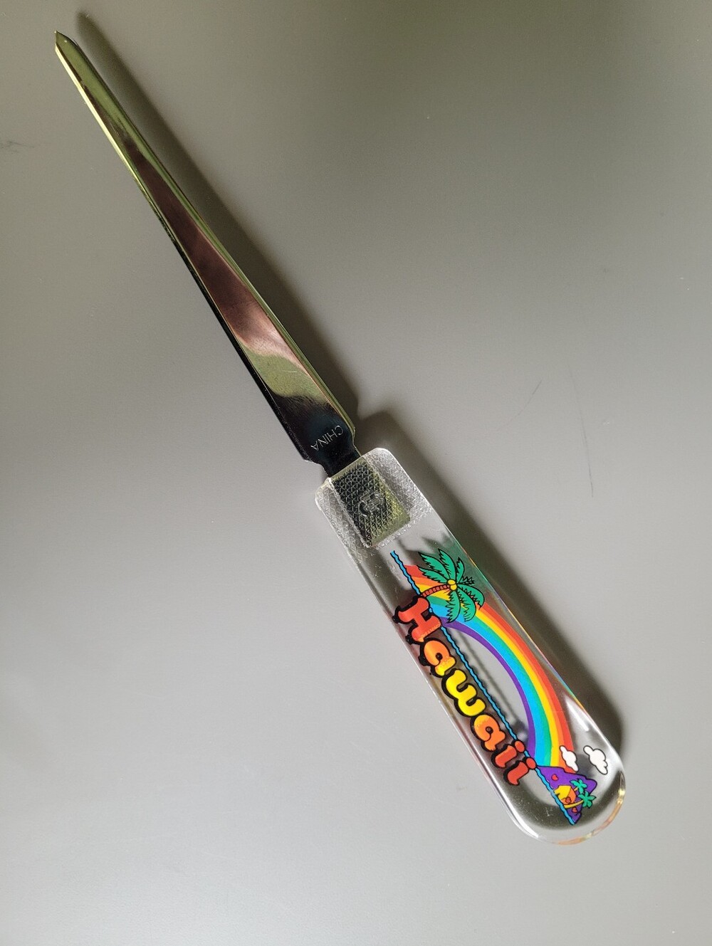 Vintage Hawaii Souvenir Letter Opener Clear Lucite Handle W/ Rainbow & Palm Tree